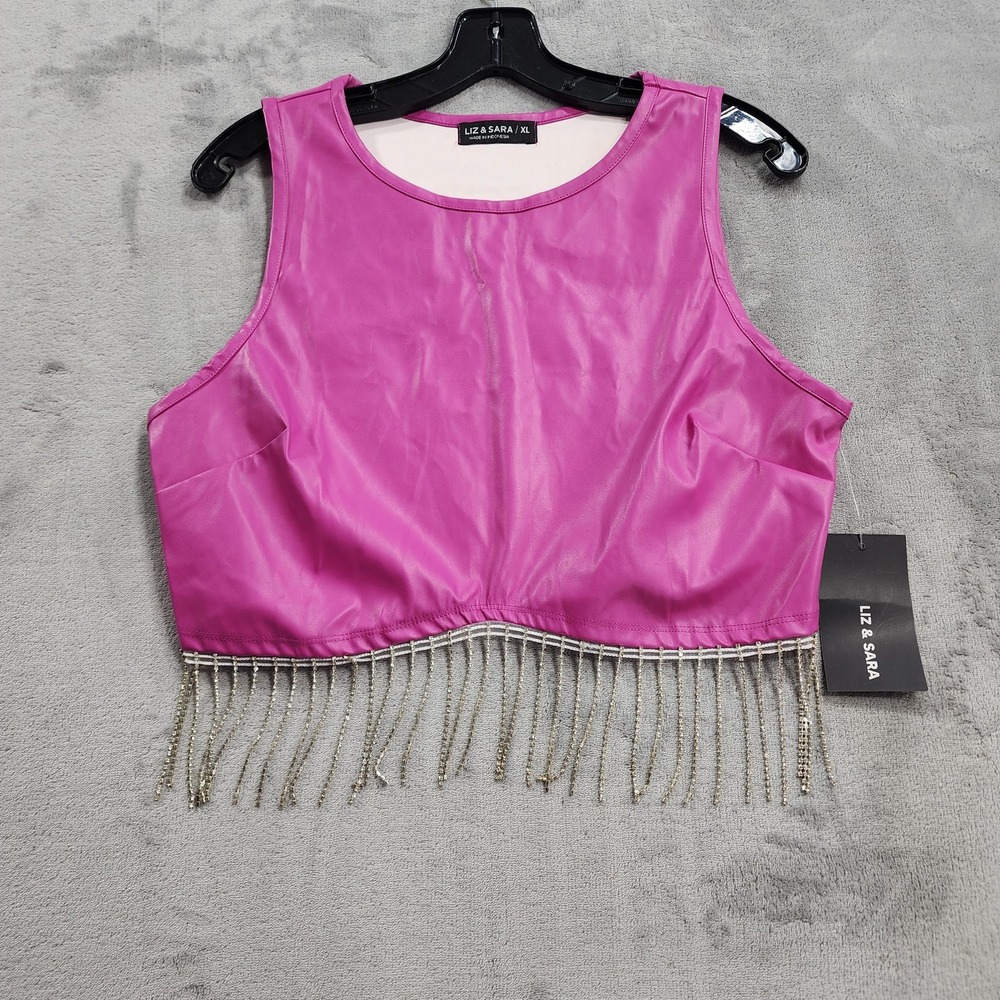 NEW Liz & Sara Tank Womens XL Pink Faux Leather Rhinestone Fringe Cropped Barbie